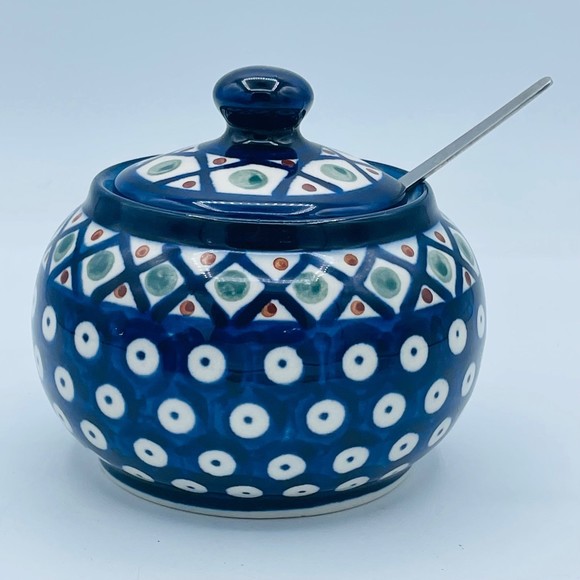 Dining Boleslawiec Vintage Polish Pottery Sugar Bowl Lid Spoon